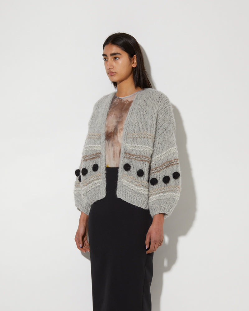 Maiami knitted bomber cardigan in grey with black bobbles.