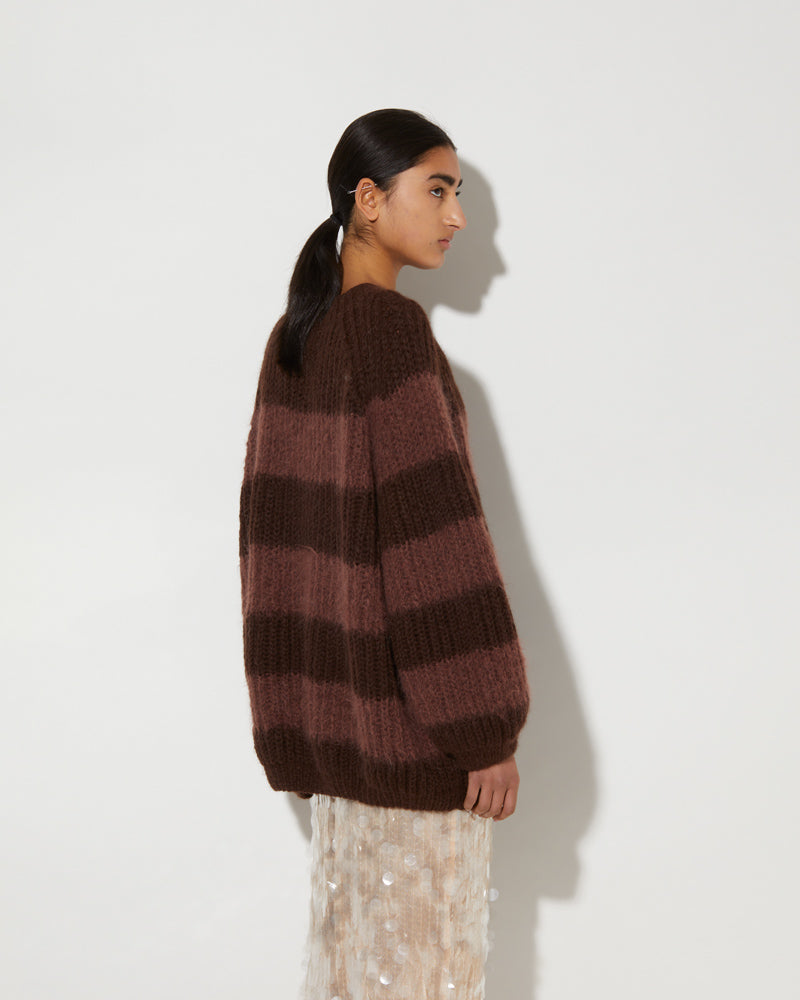 Maiami Alpaca Sweater with stripes in DarkChocolate.