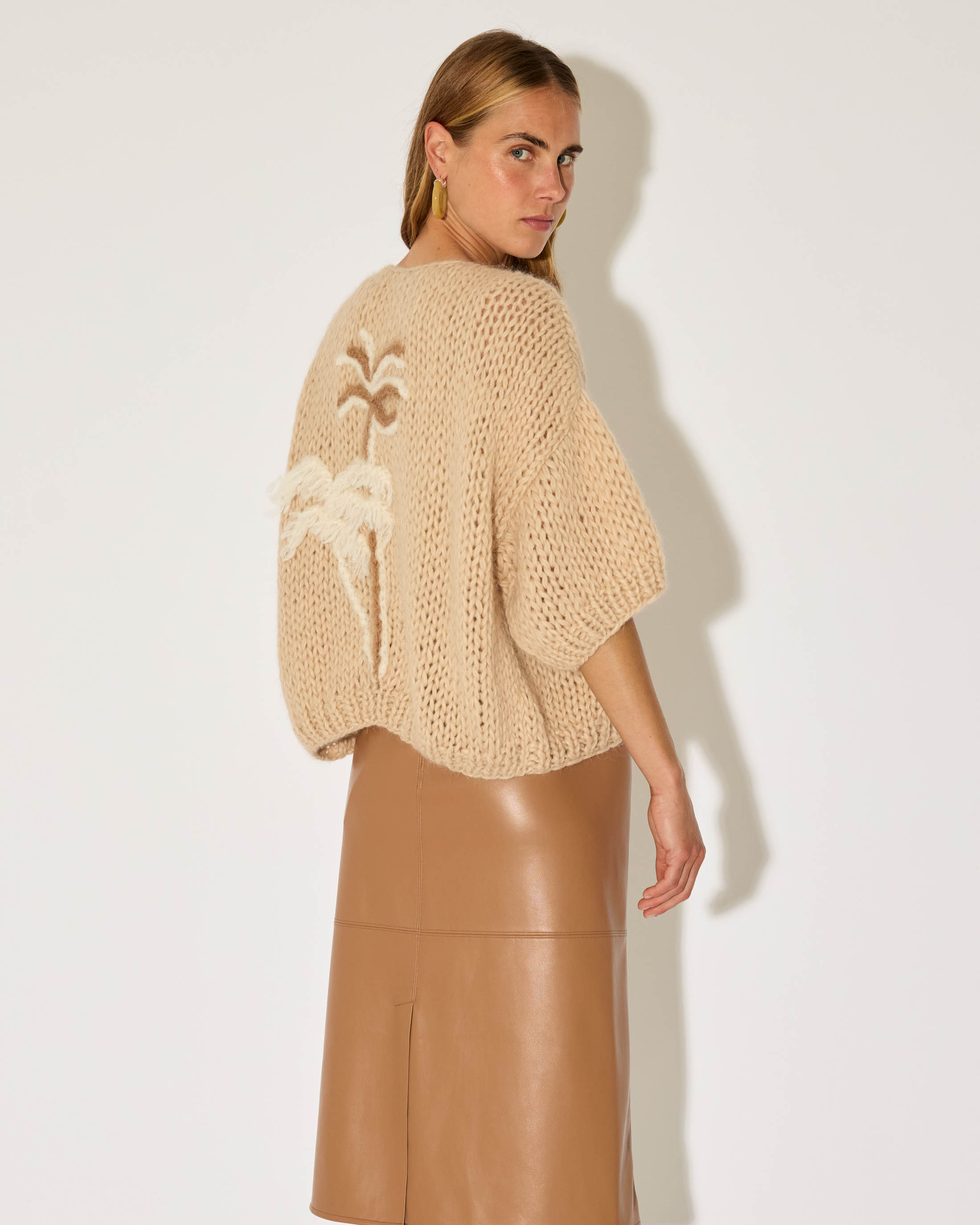 alpaca short sleeve cardigan palm embroidery