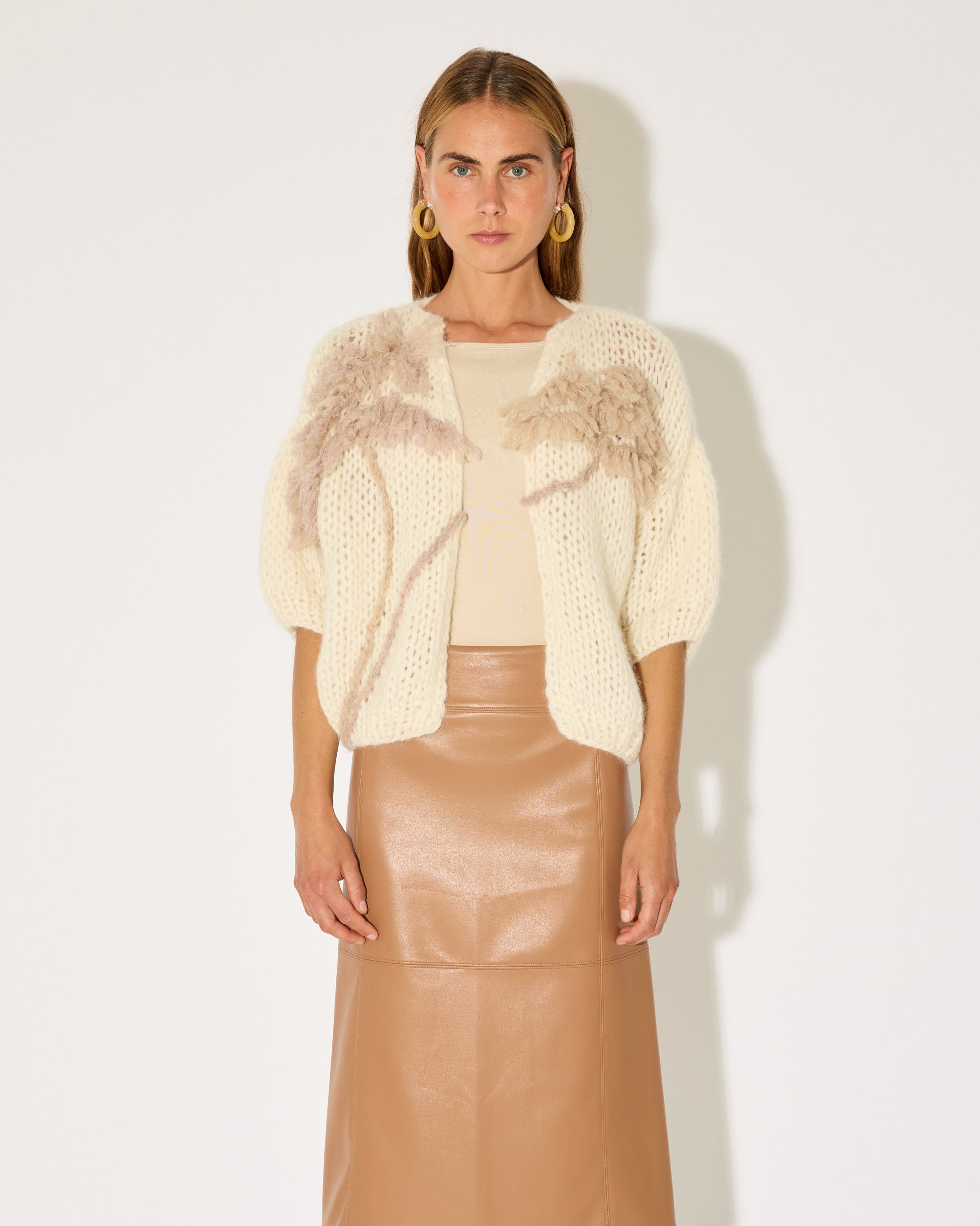 alpaca short sleeve cardigan palm embroidery