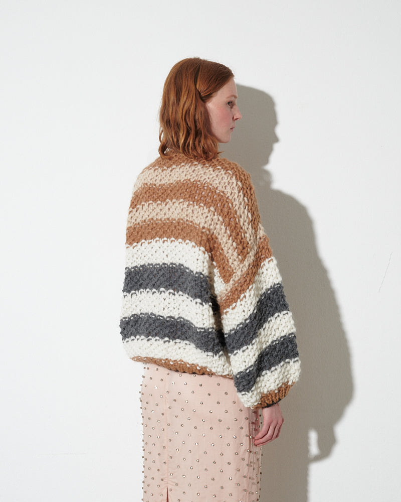 Alpaca Cardigan with Pearl Pattern and Stripes in Creme, Fudge, Creme and Grey by Maiami