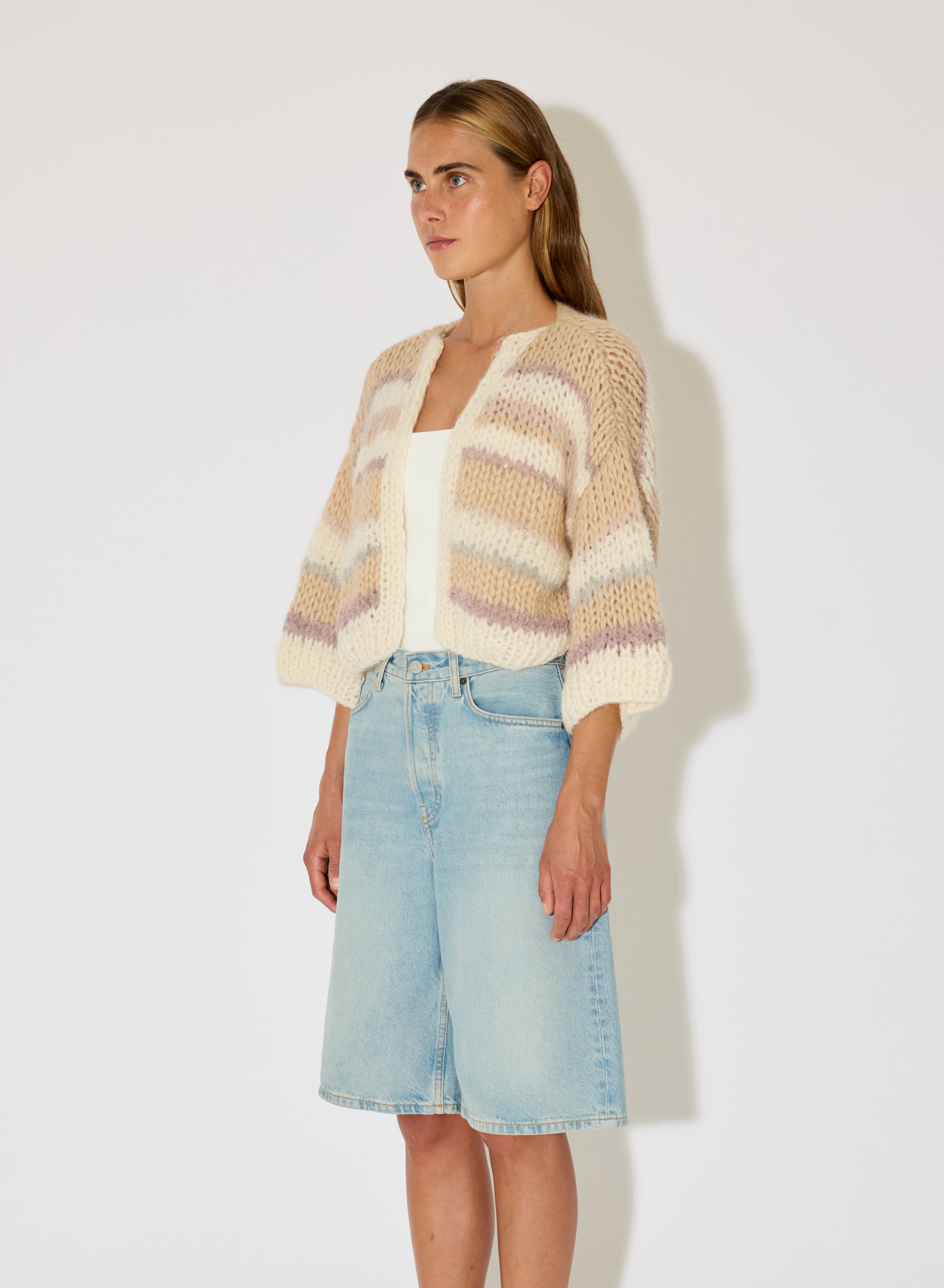 textured alpaca knit cardigan short sleeves