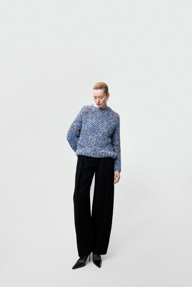 Alpaca Tweed Sweater with a Pearl Pattern in a blue melange by Maiami