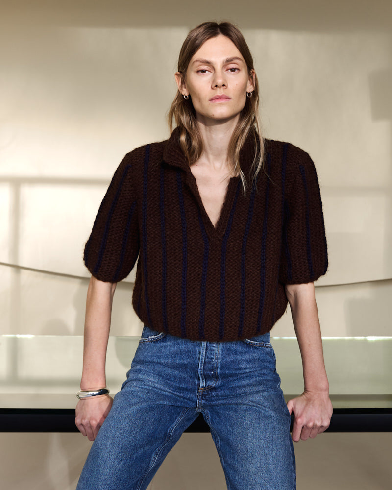 Preview: Chunky Alpaca Polo Shirt Vertical Stripes