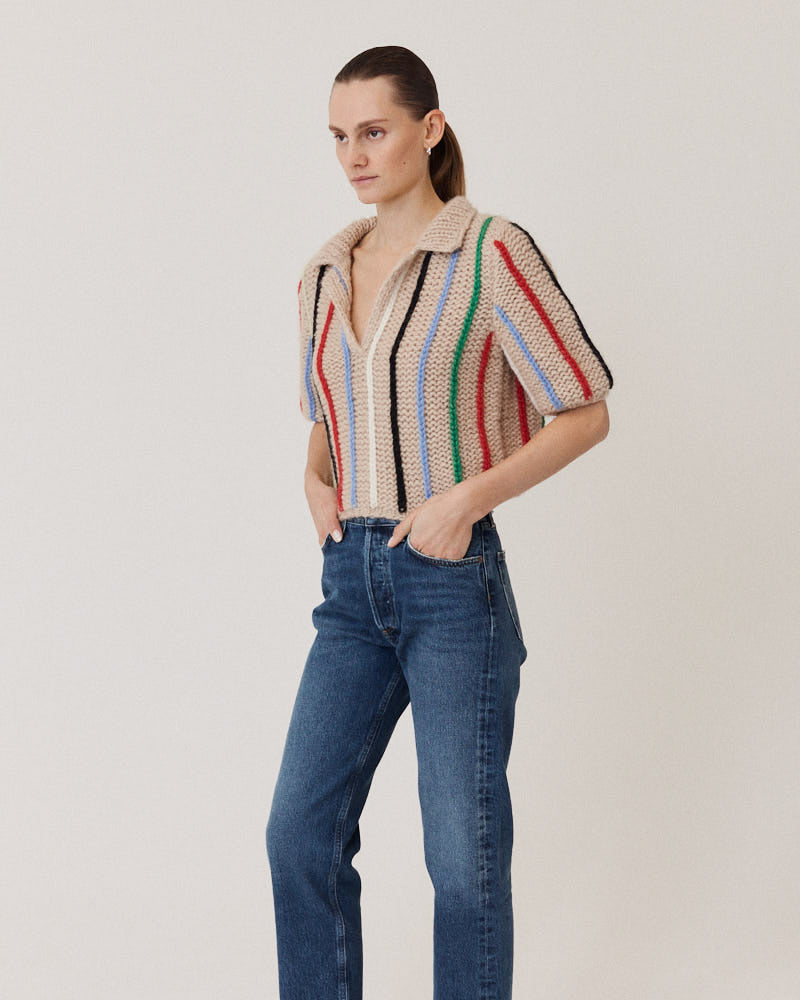 Preview: Chunky Alpaca Polo Shirt Vertical Stripes