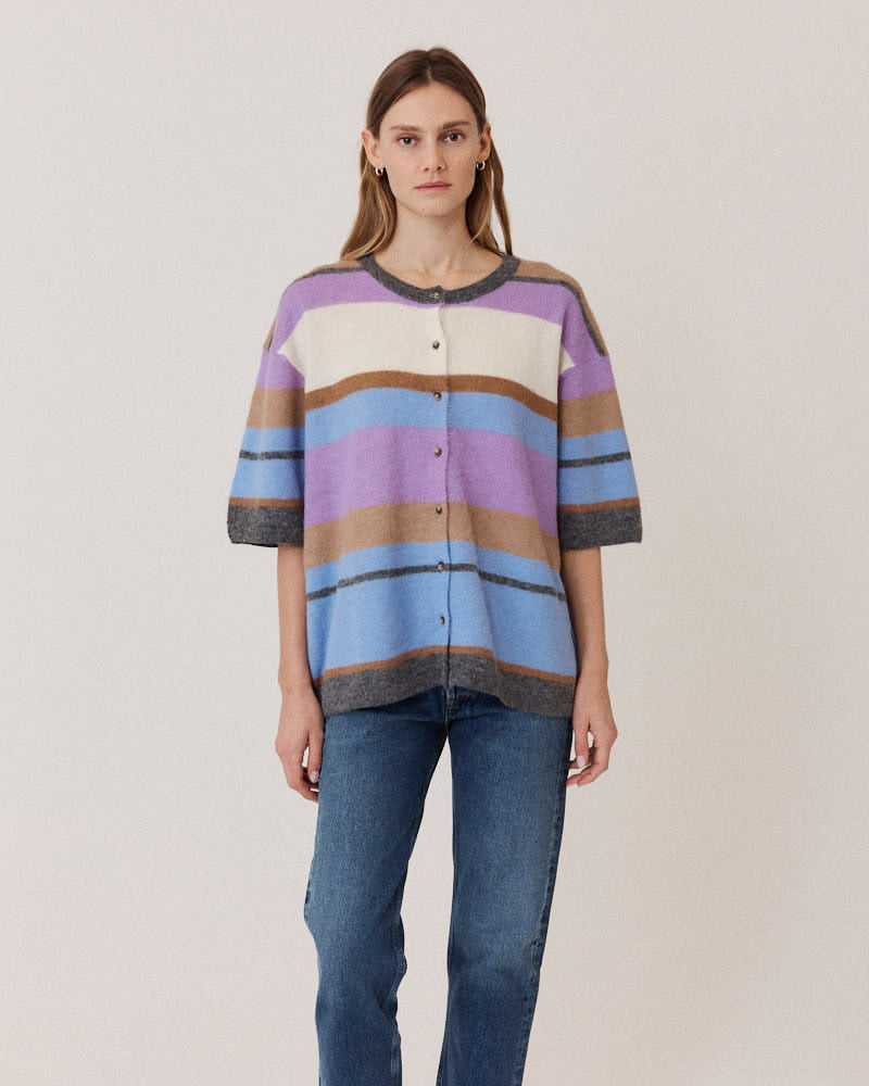 Fine Alpaca Short Sleeve Cardigan, Striped