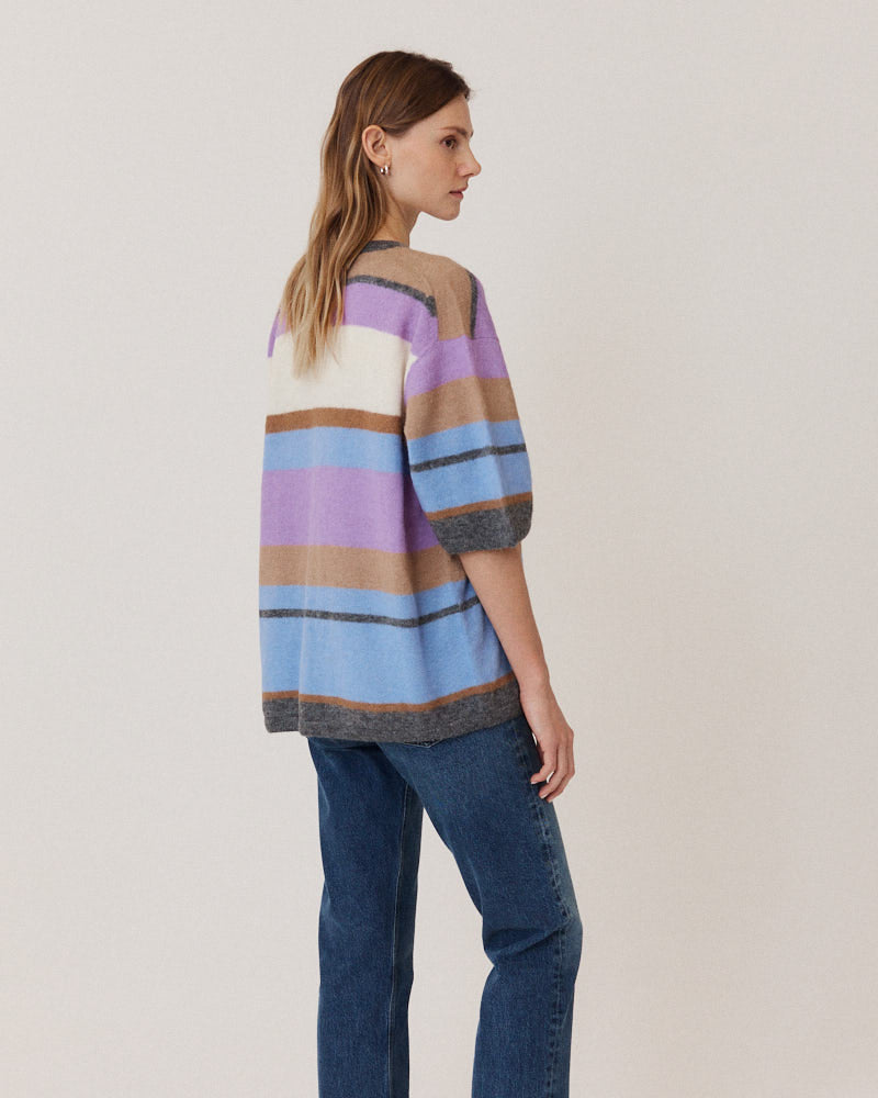 Fine Alpaca Short Sleeve Cardigan, Striped