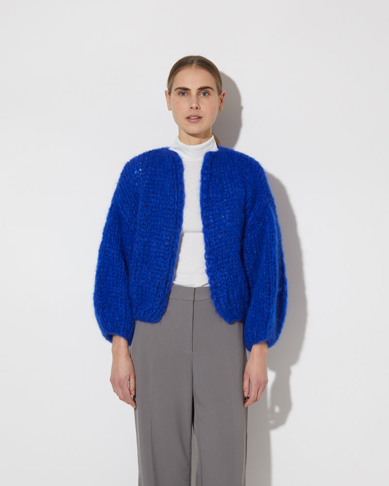 Maiami hand knitted mohair cardigan in blue.