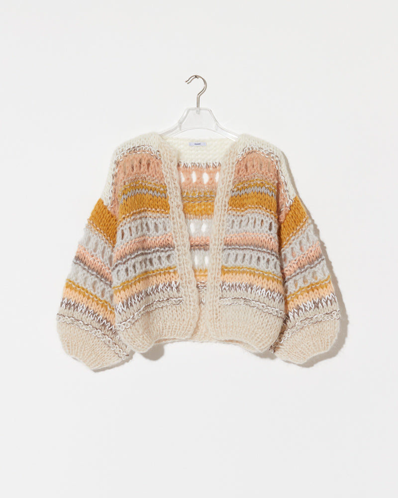 Product view of the Texture Galore Bomber Cardigan in sand. Soft mohair cardigan. 