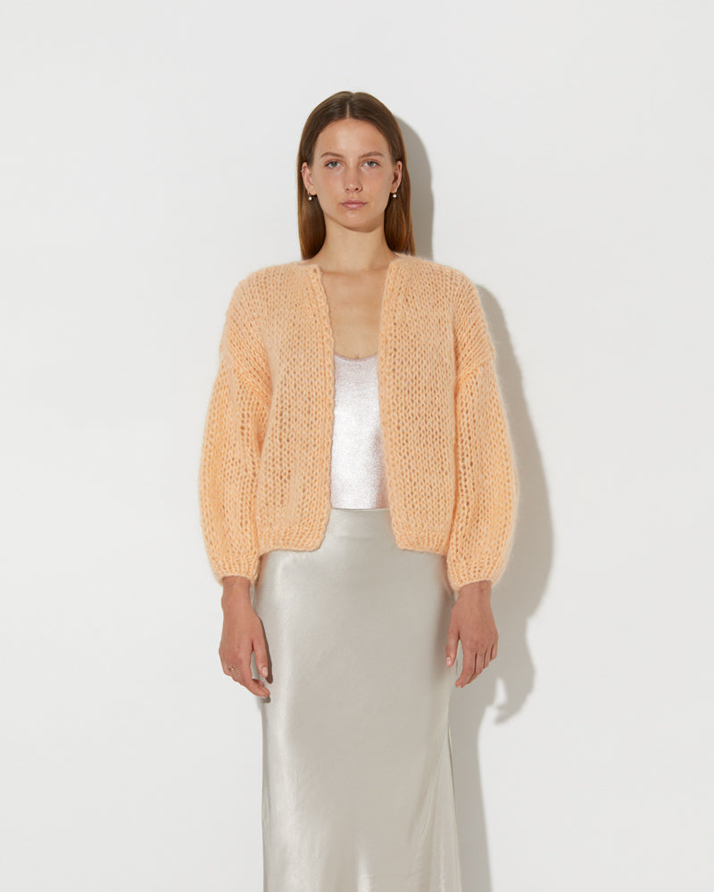 Frontal view of Model wearing the Mohair Bomber Cardigan. Mohair knit cardigan women.