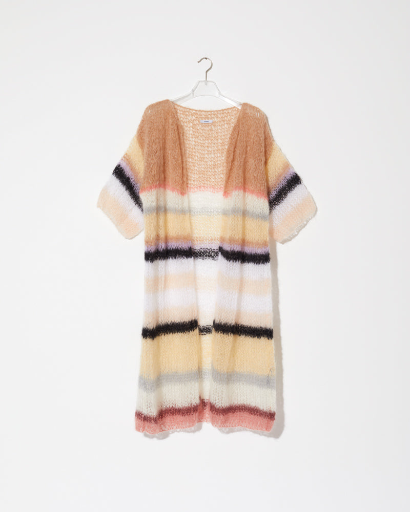 Mohair striped coat with multicolour bands and open front silhouette