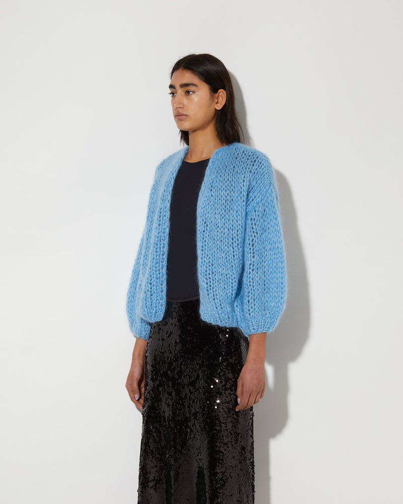 Model is wearing Maiami Mohair Cardigan in Alaskan Blue.