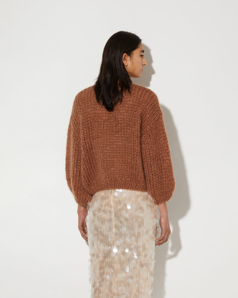 Back view of Maiami Bomber Cardigan in brown. Made from Mohair.