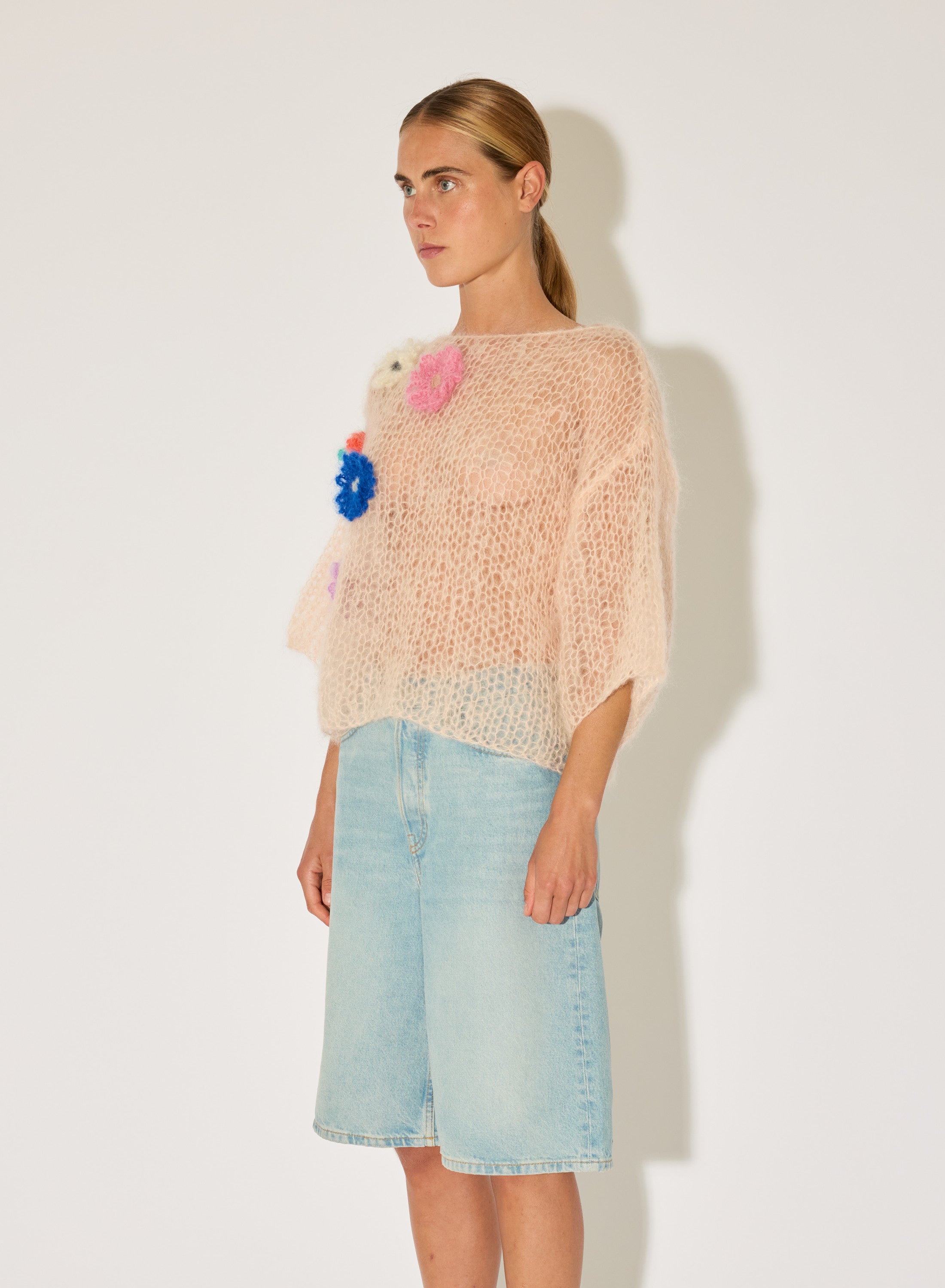 Maiami mohair knit tee embroidered flowers