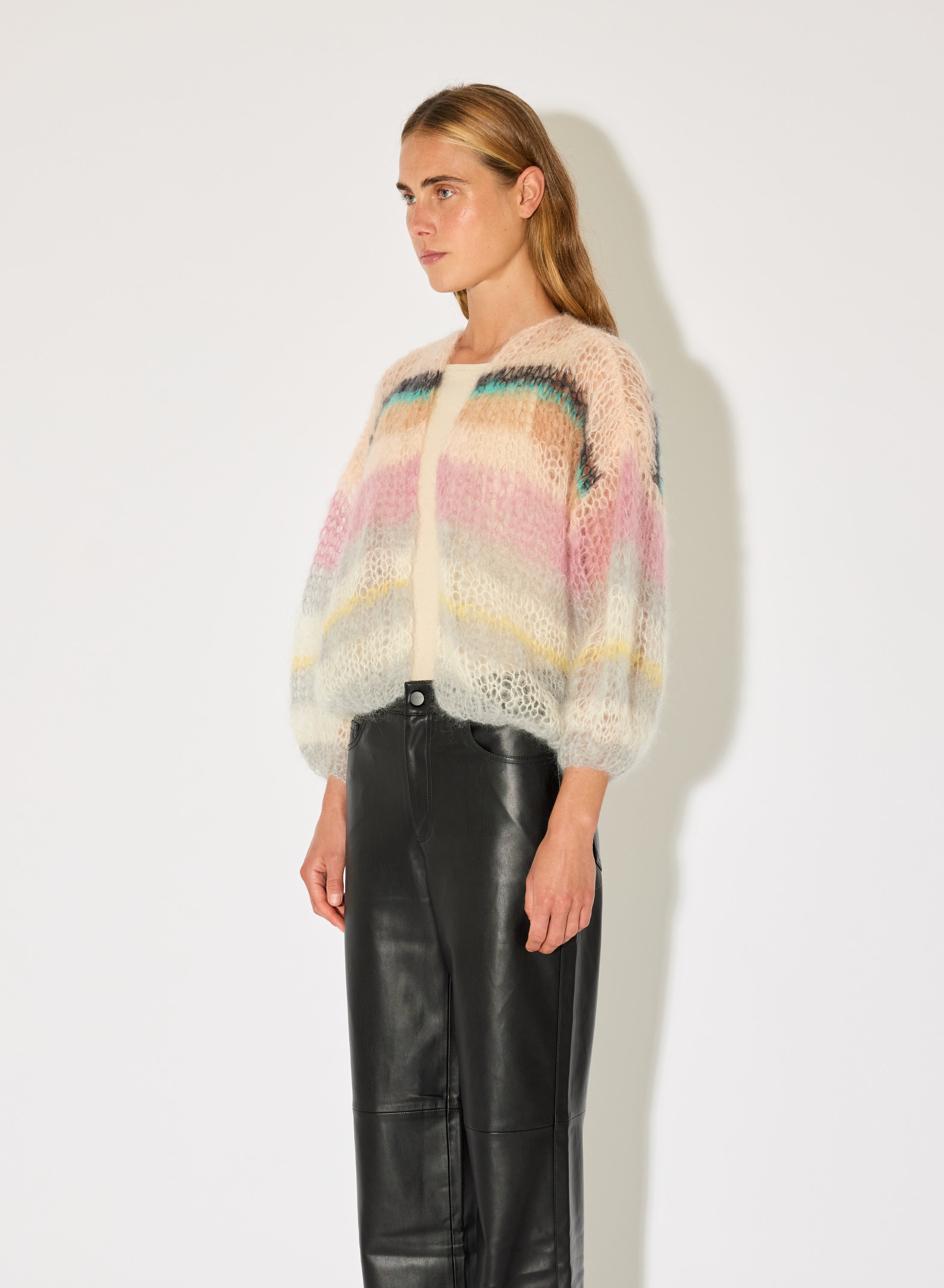 Mohair Bomber Cardigan, Light Stripes