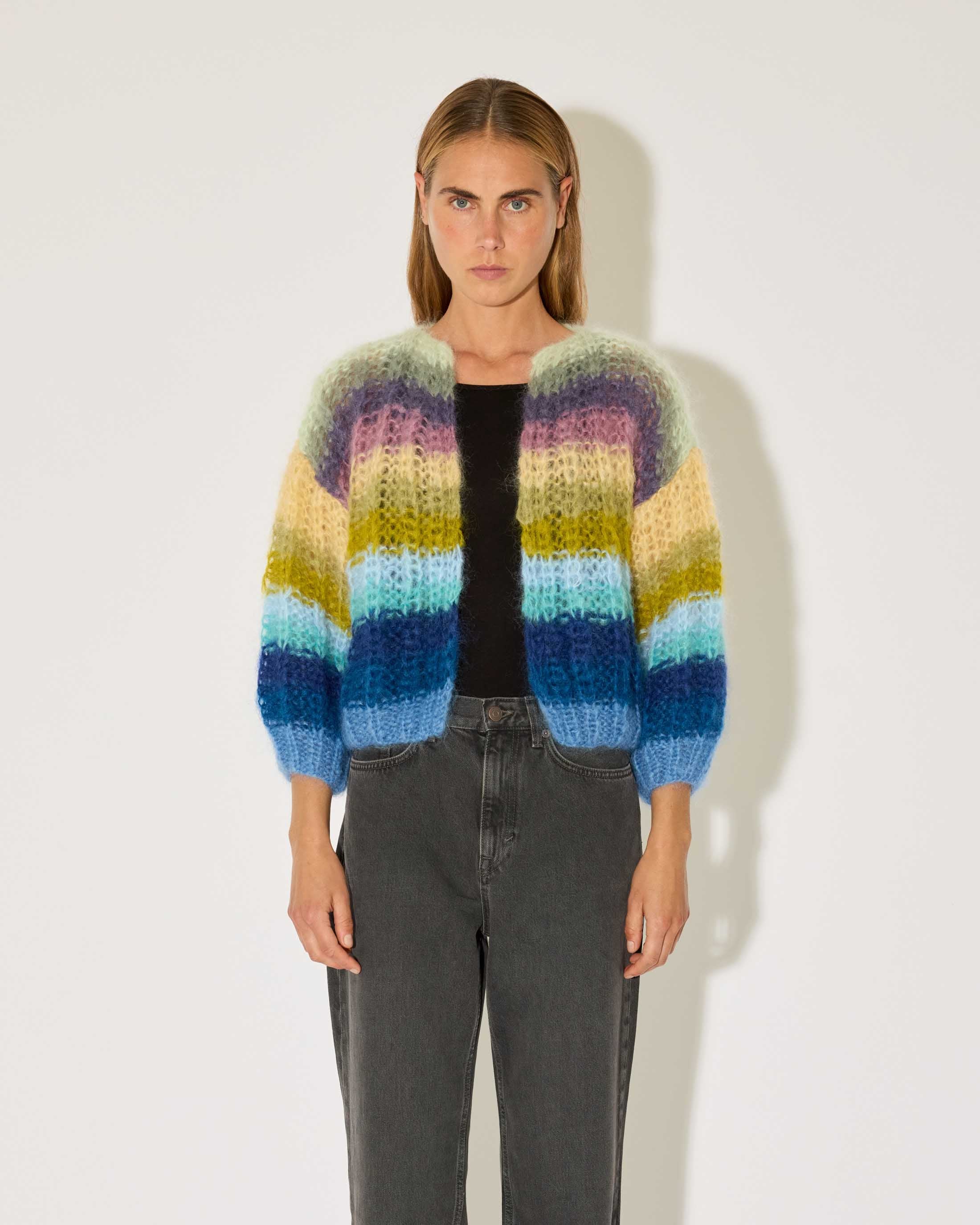Mohair Ribbed Bomber Cardigan, Striped