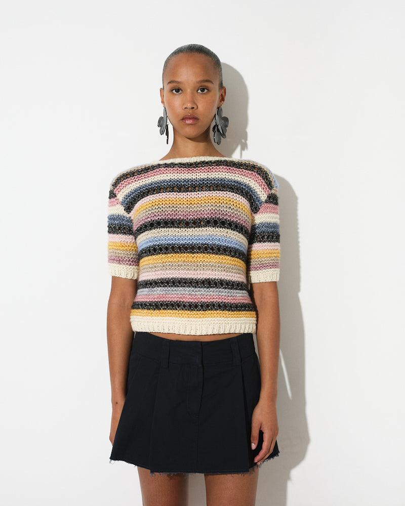 Model wearing striped t-shirt in cotton merino blend by Maiami, Spring 2025
