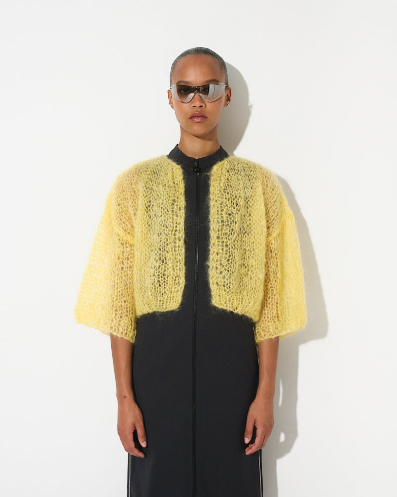 Model wearing classic mohair bomber cardigan, spring essential style by Maiami, Spring 2025