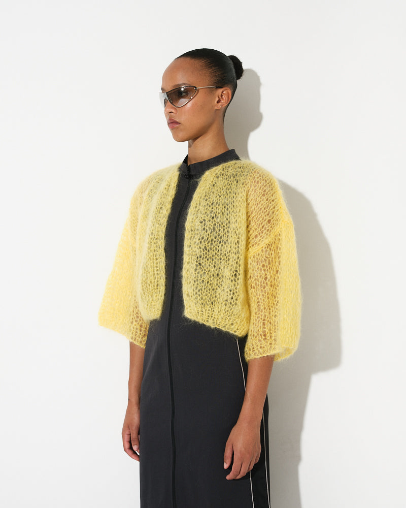 Model wearing classic mohair bomber cardigan, spring essential style by Maiami, Spring 2025