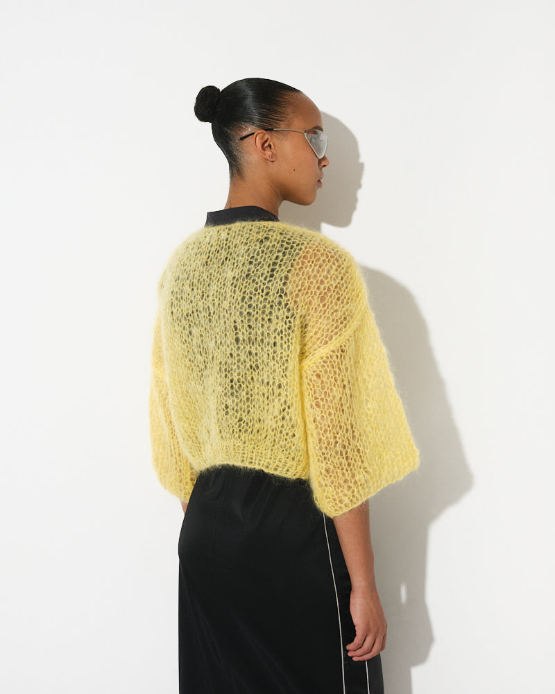 Model wearing classic mohair bomber cardigan, spring essential style by Maiami, Spring 2025
