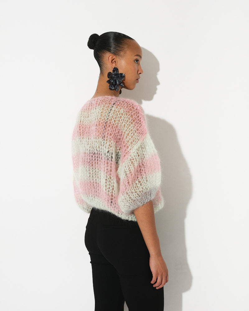 Model wearing striped mohair top with puffy sleeves by Maiami, Spring 2025