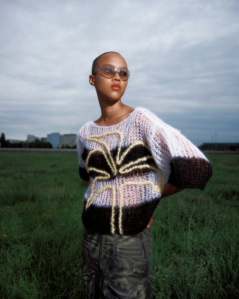 Model wearing palm tree embroidered light mohair t-shirt by Maiami, Spring 2025