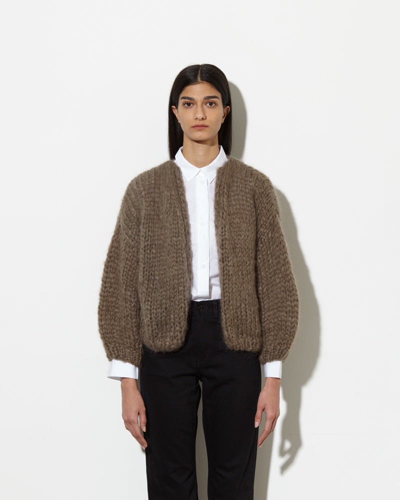 Model wearing Mohair cardigan womens in brown.