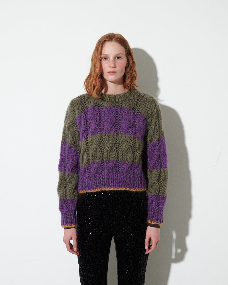 Mohair Cable Stripes Short Pullover