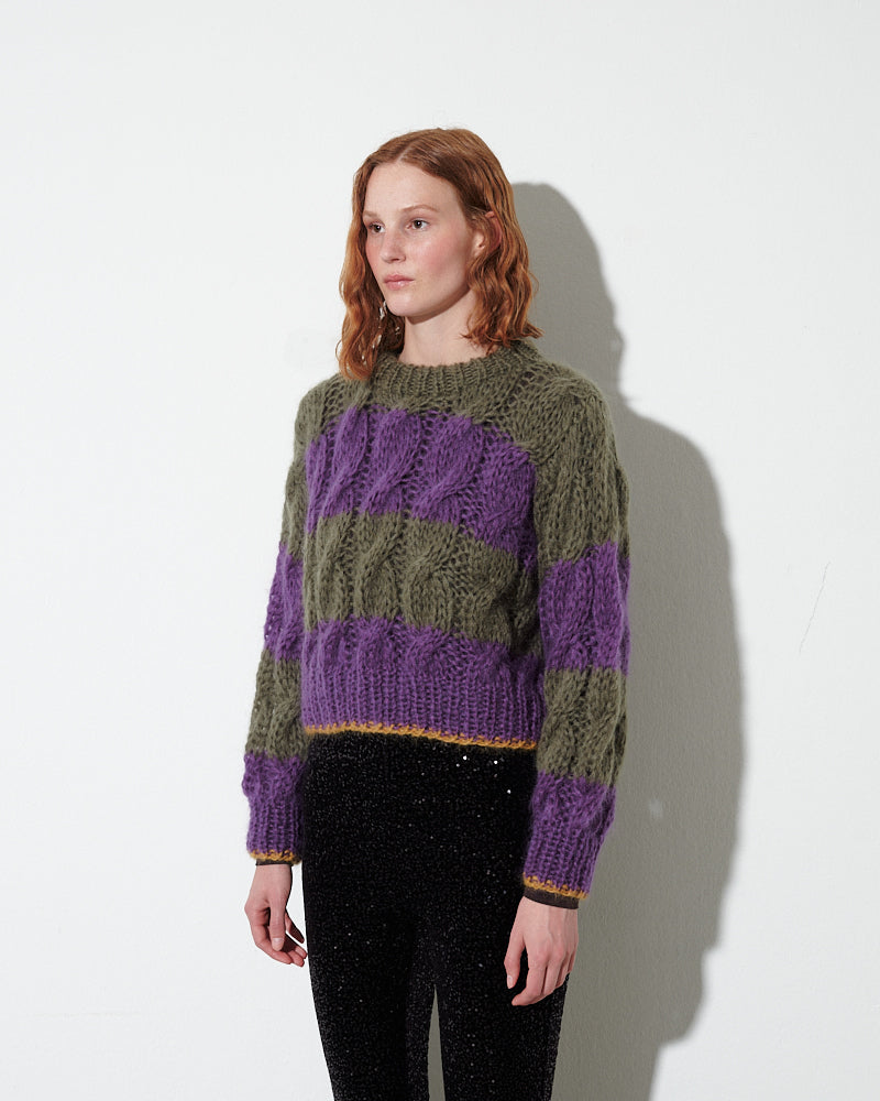 Mohair Cable Stripes Short Pullover