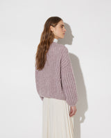 View from the back of model wearing the new in Alpaca Brioche Cardigan in the color 'Rose ZQ11'