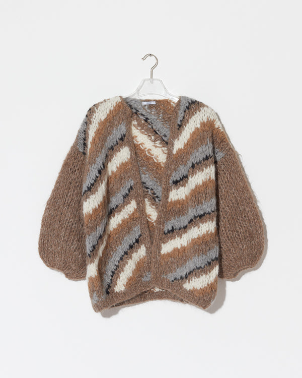 Frontal product view of new in Alpaca Big Cardigan with diagonal stripes in the color 'Camel Grey'