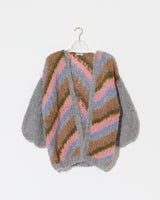 Frontal product view of new in Alpaca Big Cardigan with diagonal stripes in the color 'Strawberry Sky'