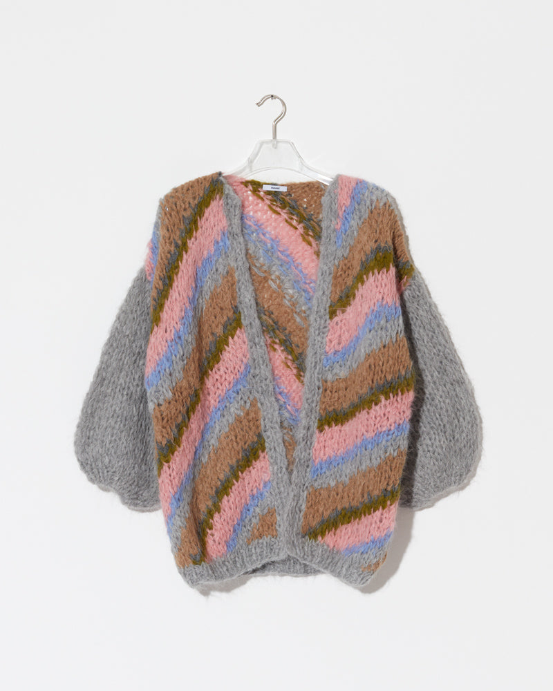 Frontal product view of new in Alpaca Big Cardigan with diagonal stripes in the color 'Strawberry Sky'