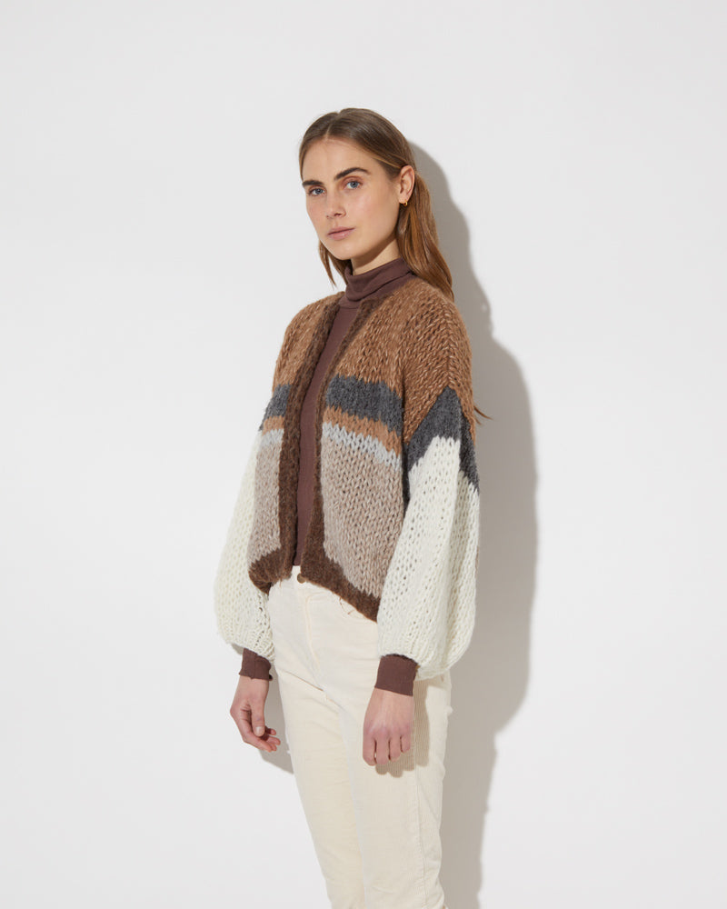 View from the side of model wearing the new in Alpaca Mix Bomber Cardigan in the color 'Camel Stripes'