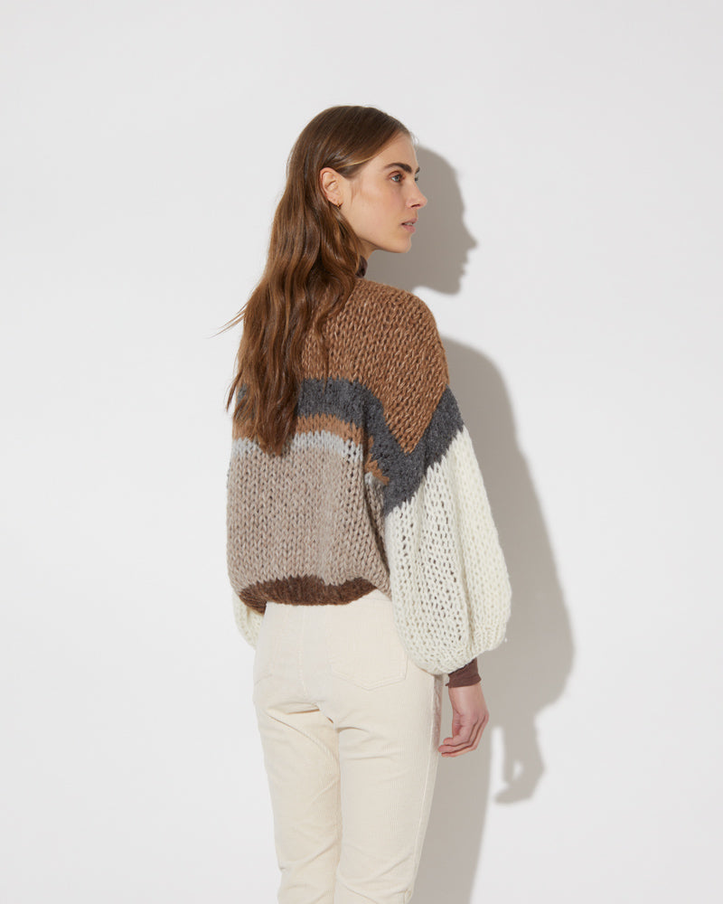 View from the back of model wearing the new in Alpaca Mix Bomber Cardigan in the color 'Camel Stripes'