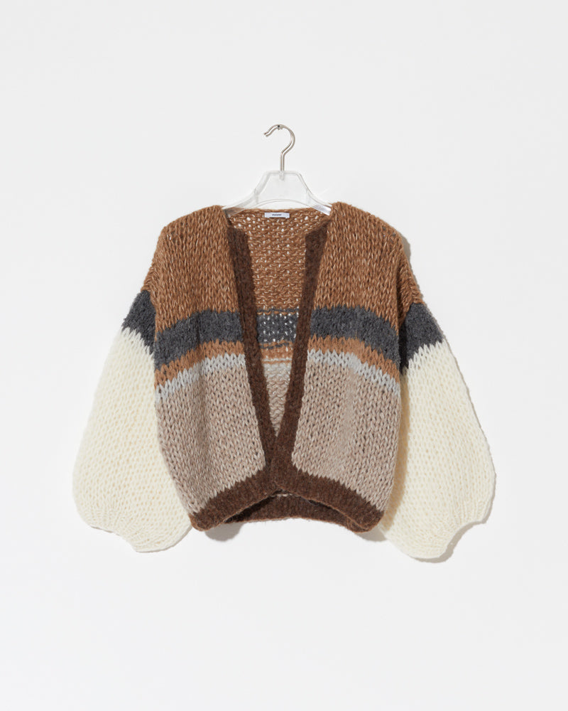 Frontal product view of new in Alpaca Mix Bomber Cardigan in the color 'Camel Stripes'