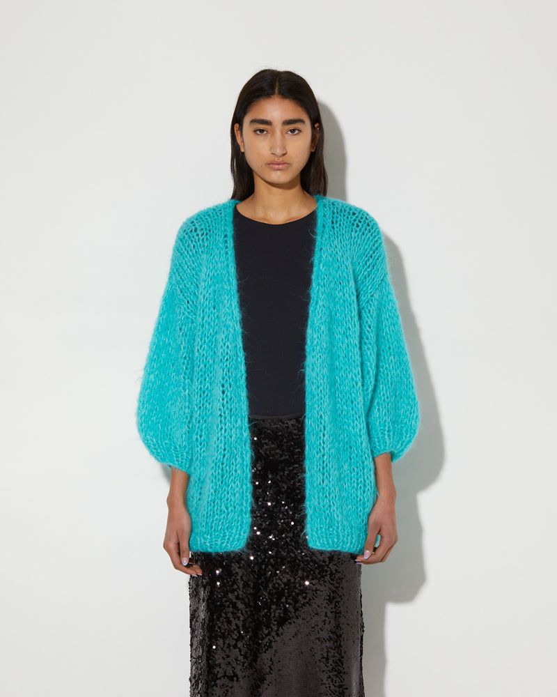 Maiami knitted Alpaca cardigan with belt in mint green.