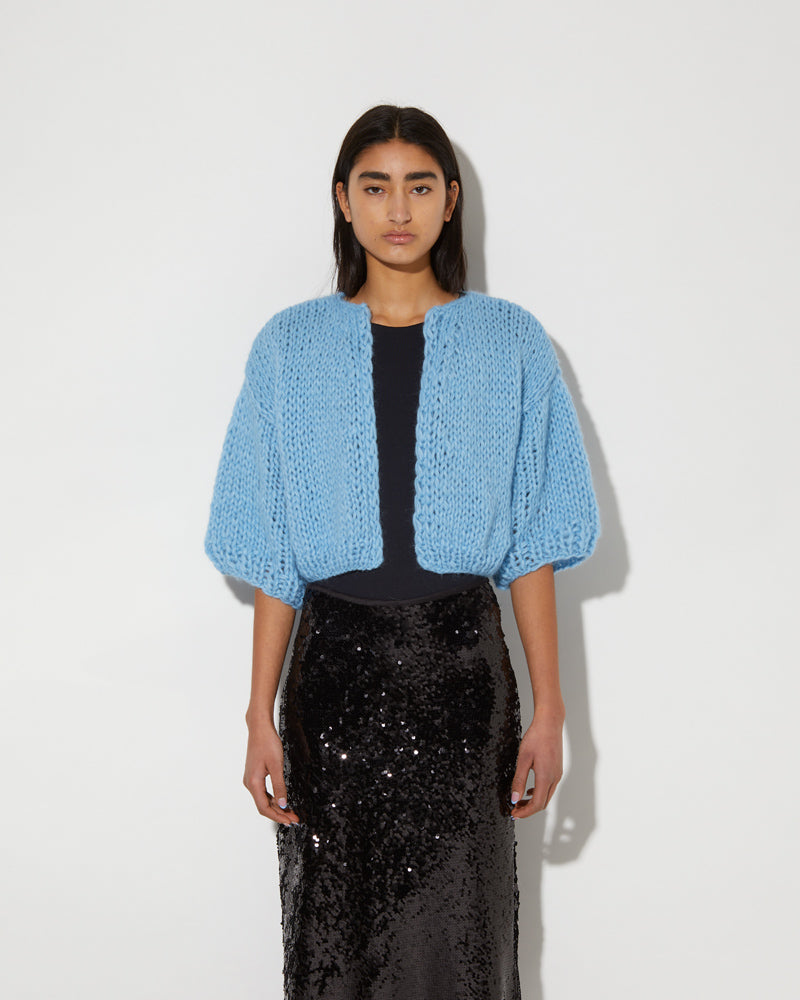 Maiami Short Cardigan in Alaskan Blue. Handmade Knitwear.