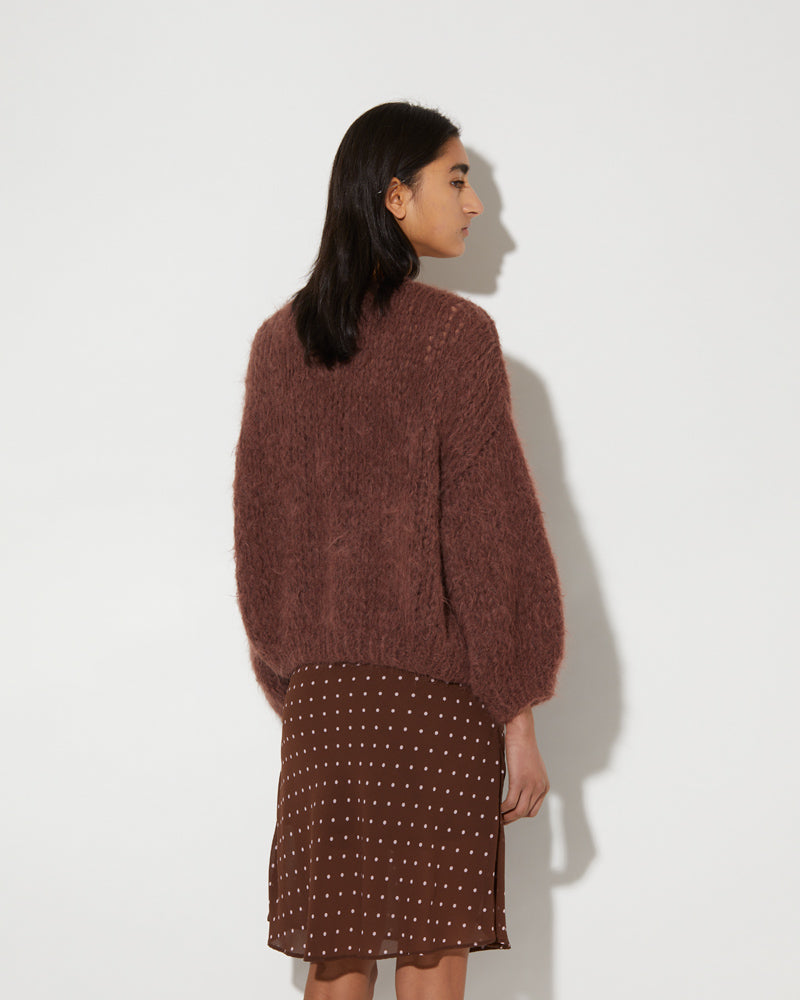 Back view of Maiami Alpaca cardigan in marron.