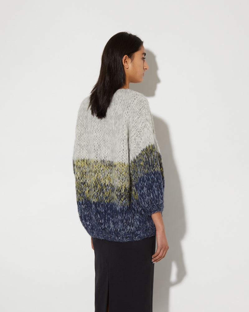 Back view of Maiami Alpaca ombre cardigan in navy.