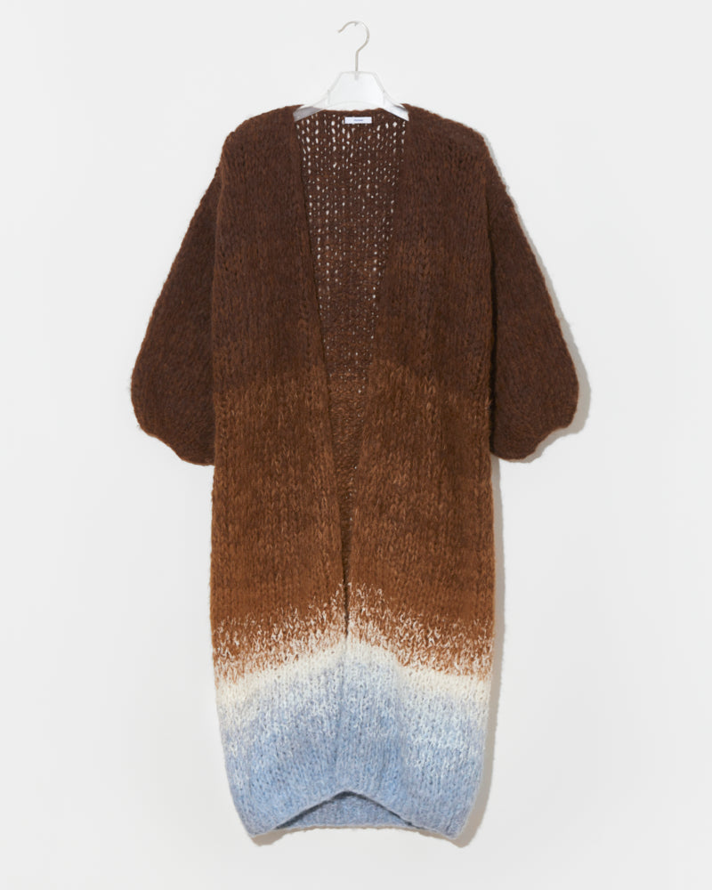 Long alpaca bouclé coat with ombré gradient in brown and blue tones, open front and relaxed silhouette