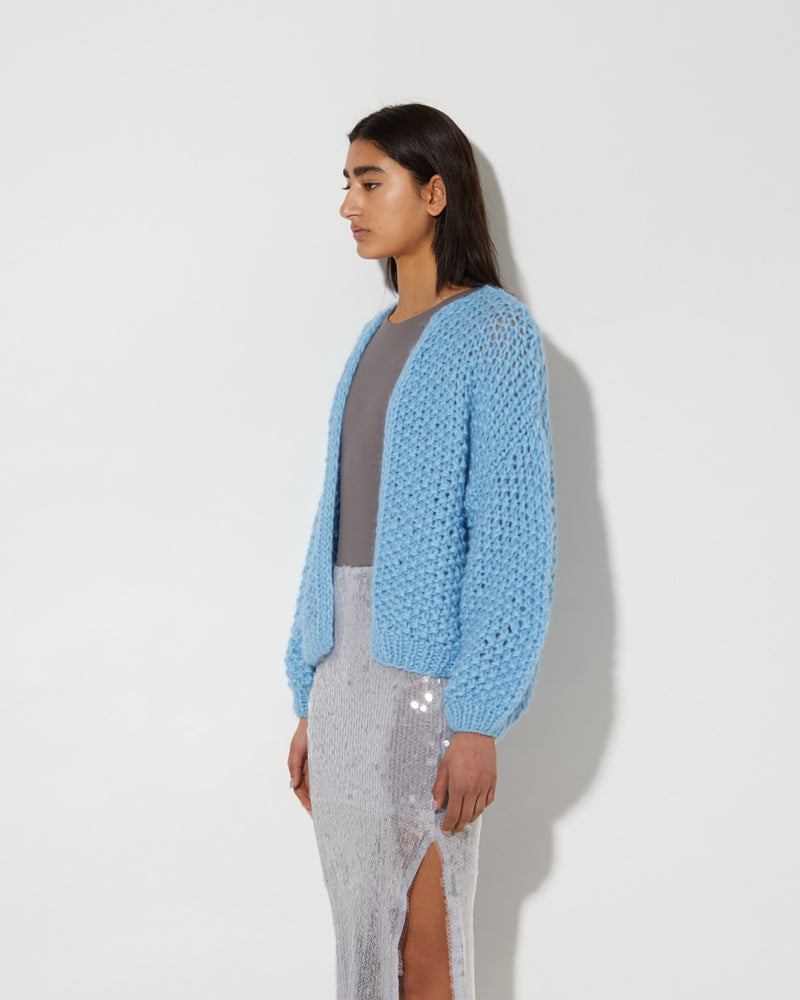 Maiame handmade knittwear. Bomber Cardigan in Alaskan Blue.