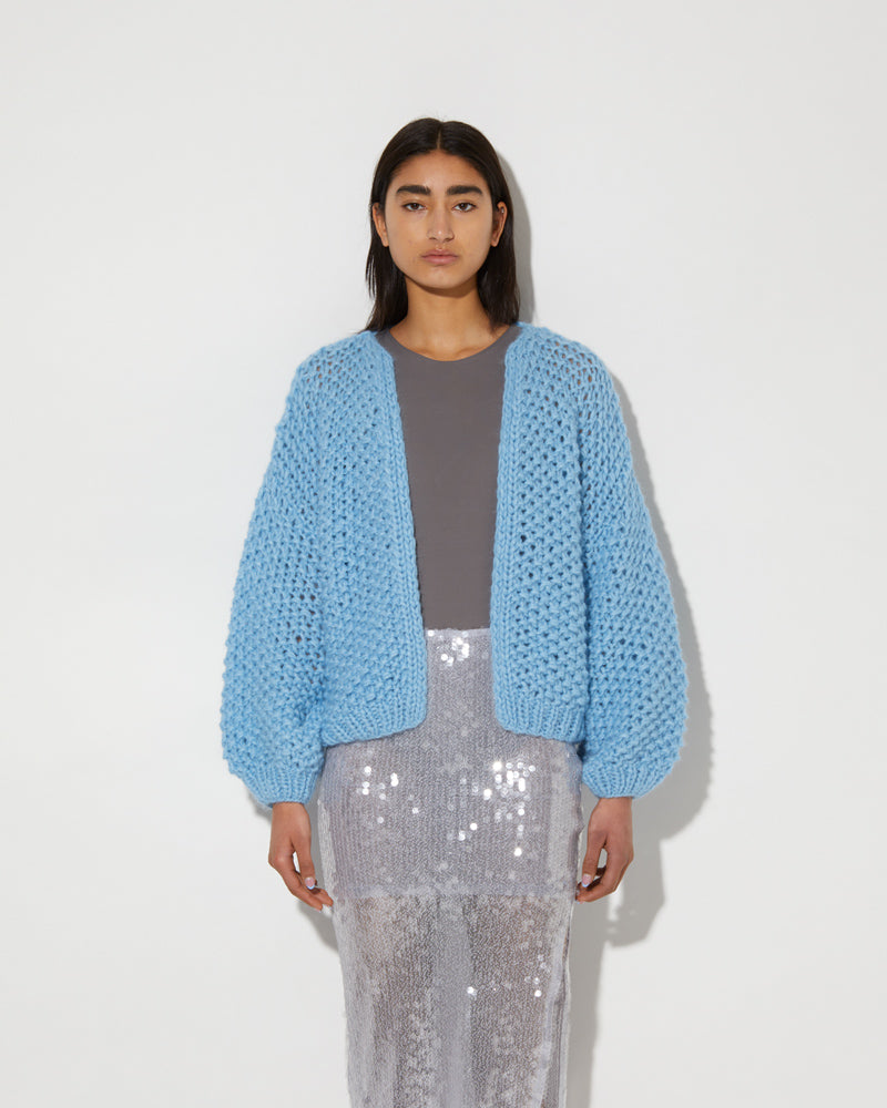 Maiami hand-knitted bomber cardigan in Alaskan Blue.