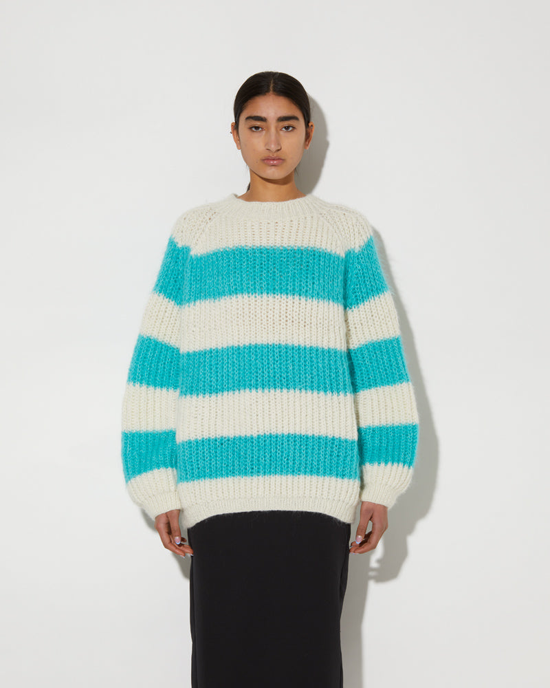 Maiami mint sweater. Alpaca pullover with stripes white/mint.