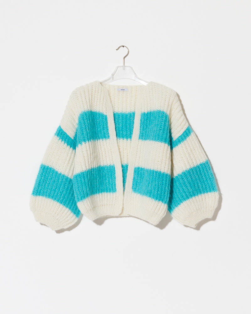 Maiami Alpaca Cardigan. White cardigan with stripes in mint.