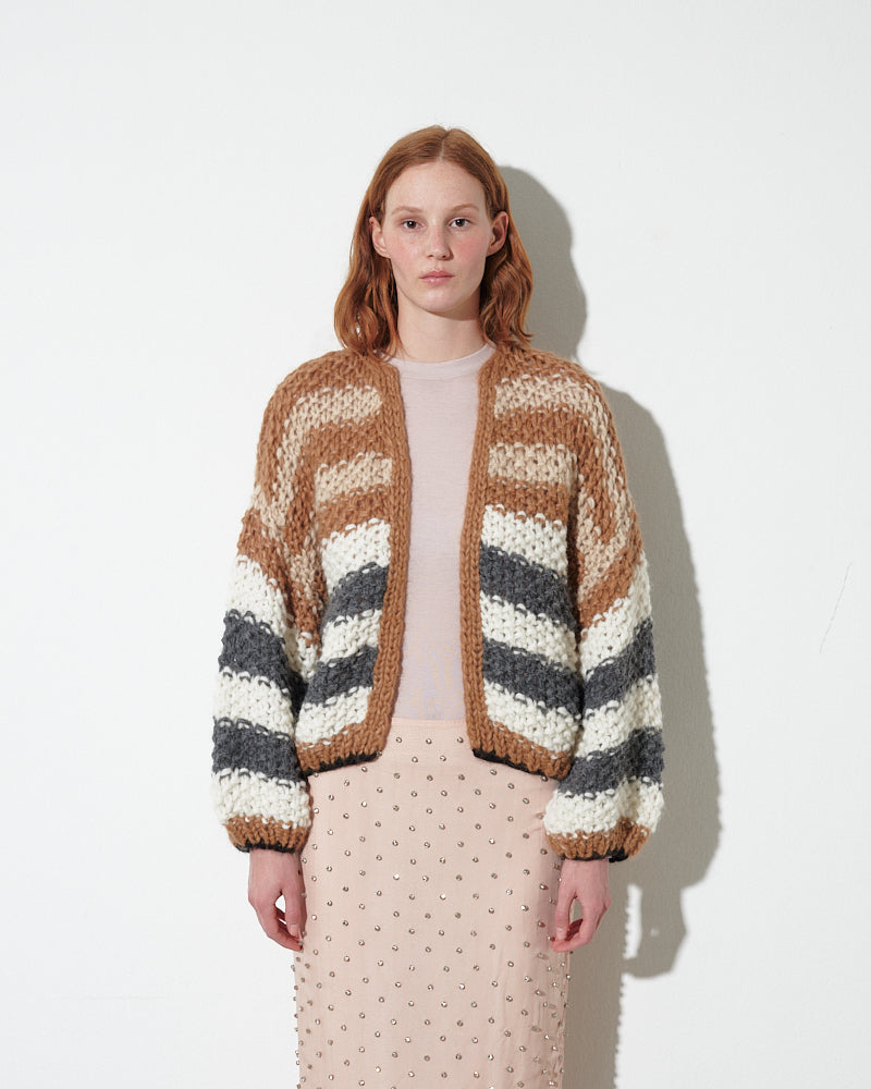 Alpaca Cardigan with Pearl Pattern and Stripes in Creme, Fudge, Creme and Grey by Maiami