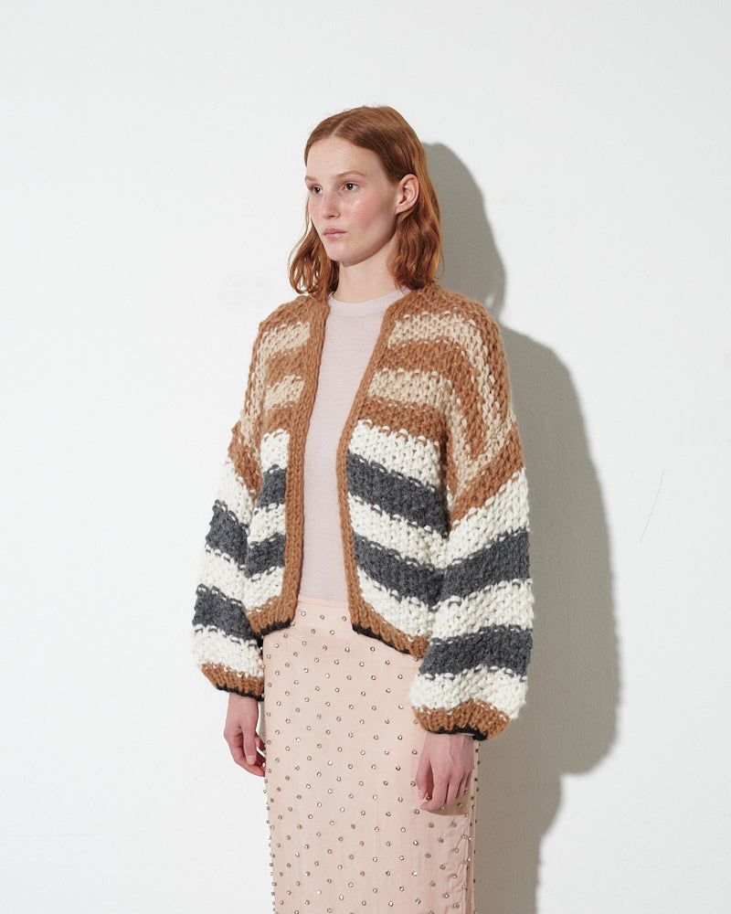 Alpaca Cardigan with Pearl Pattern and Stripes in Creme, Fudge, Creme and Grey by Maiami