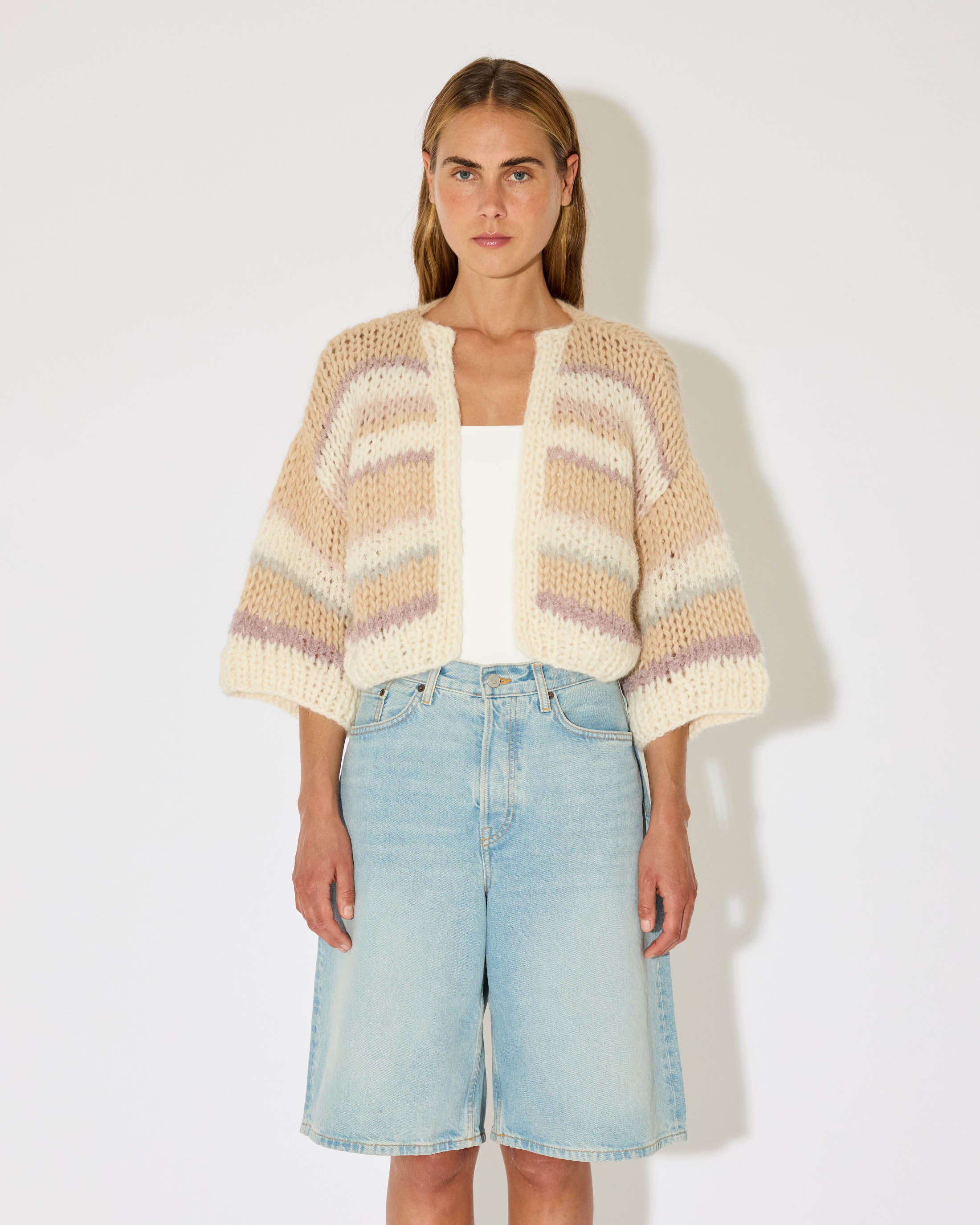Alpaca Striped Short Sleeve Cardigan | Maiami