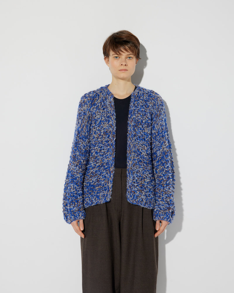 Alpaca Tweed Bomber Cardigan with Pearl Pattern in a blue melange by Maiami