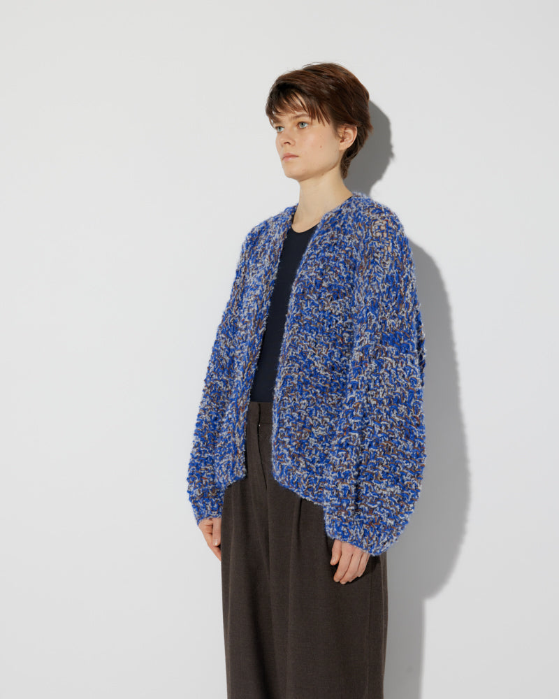 Alpaca Tweed Bomber Cardigan with Pearl Pattern in a blue melange by Maiami